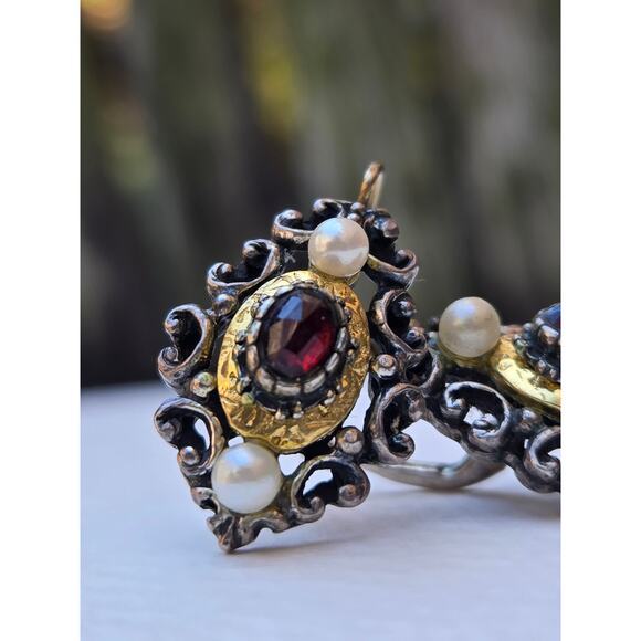 1900s German Red Pyrope Garnet, 585 GOLD, 800 Silver, Pearl Biedermeier Earrings - Picture 3 of 10